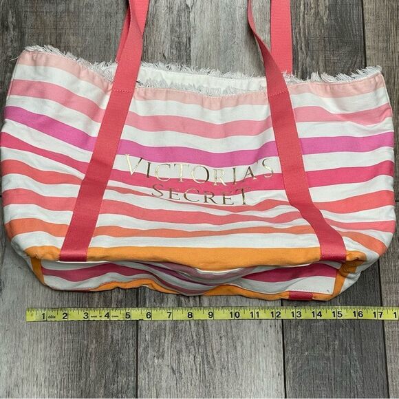 Victoria’s Secret Large Striped Lined Canvas Beach Tote Pink Orange White Gold - Picture 11 of 12